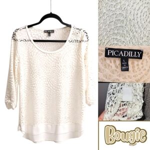 Picadilly White Lace Crochet 3/4 Sleeve Top Tunic | Women's Size Large L | Ruffl